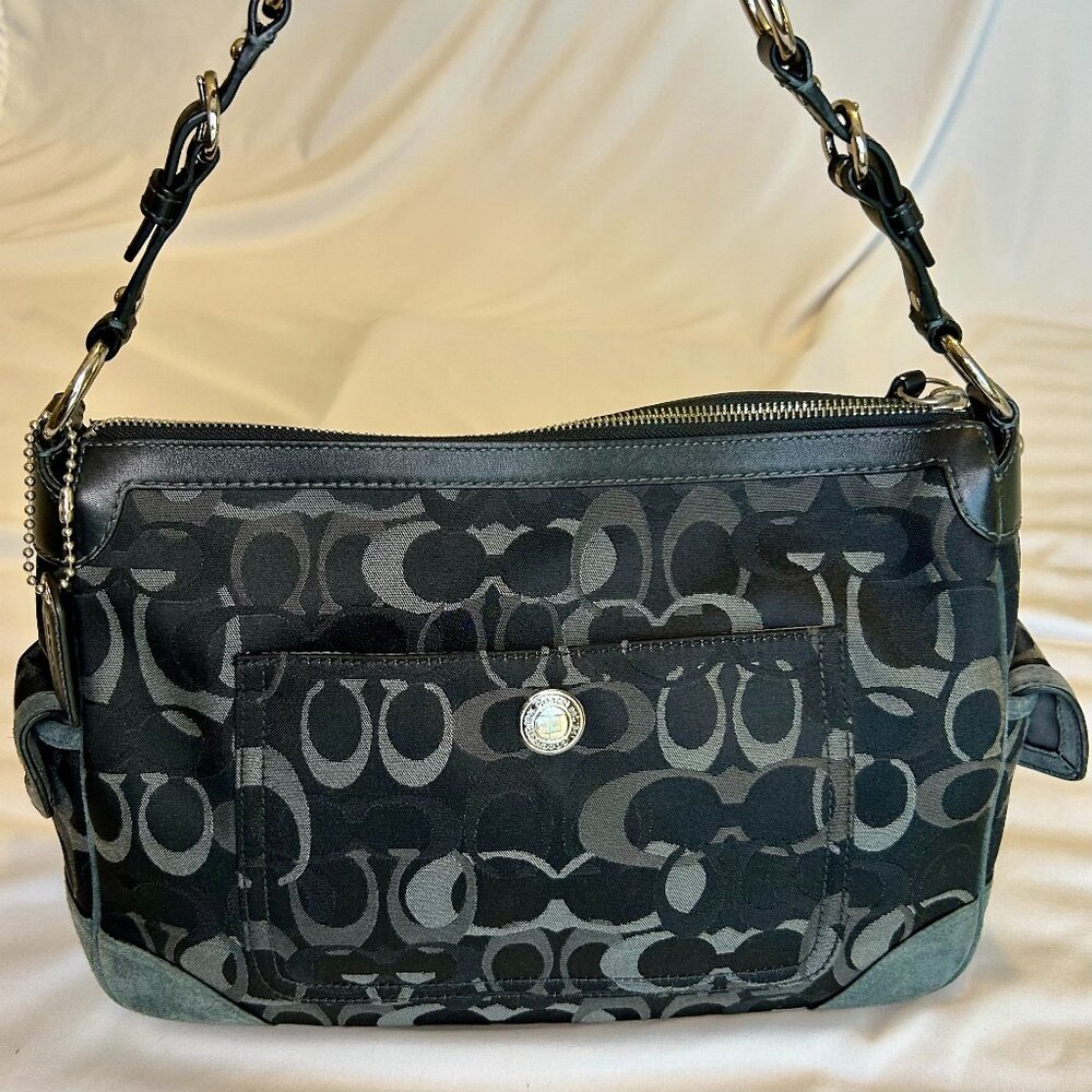 Y2K Coach Chelsea Optic Signature Jacquard Handbag Black Gray Hobo Purse Suede